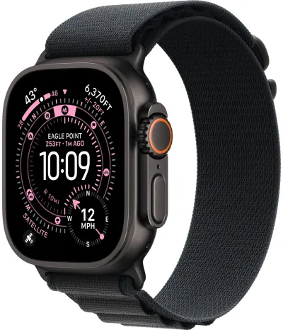 Apple Watch Ultra 3 49 мм, корпус из черного титана, ремешок Alpine черного цвета, размер M